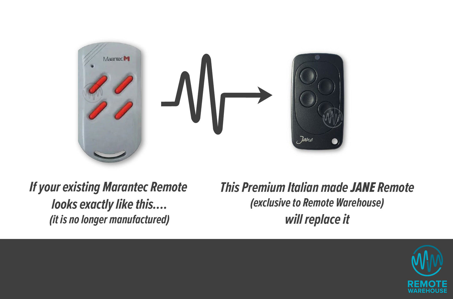 Marantec grey with 4 red buttons remote is replaced by 4 button all black Jane remote