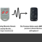Marantec grey remote with 2 red capsule shaped buttons is updated to black oblong Jane garage & gate remote with 4 round black buttons
