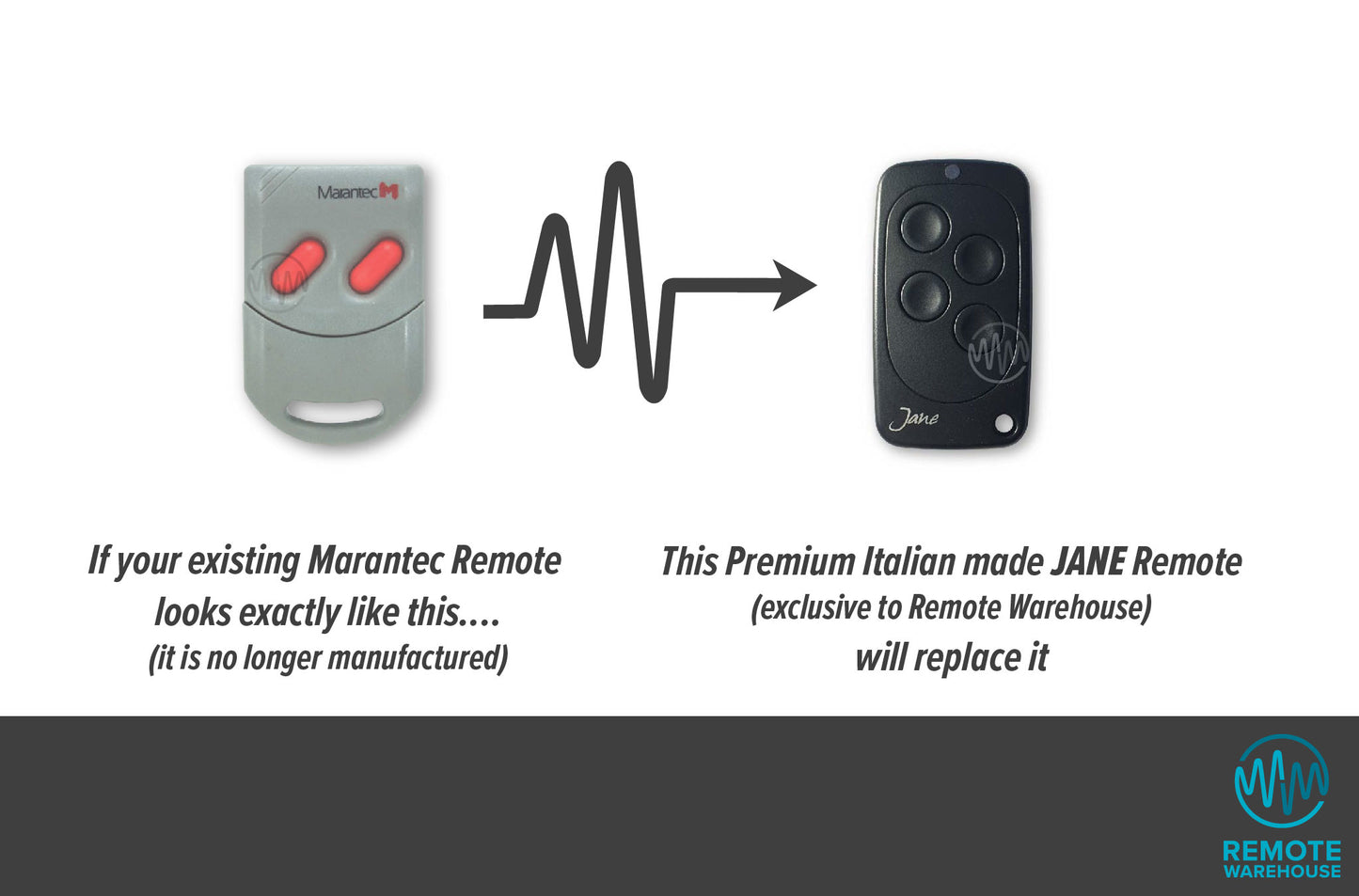 Marantec grey remote with 2 red capsule shaped buttons is updated to black oblong Jane garage & gate remote with 4 round black buttons