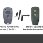 Long thin dark grey 2 button Marantec remote replaced with updated thinner Digital 382 model
