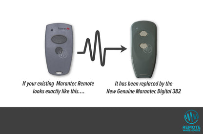 Long thin dark grey 2 button Marantec remote replaced with updated thinner Digital 382 model