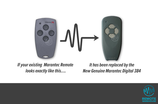 Marantec rounded rectangle remote with 4 circle buttons is updated to long thin dark grey 4 diamond button Marantec garage & gate remote.