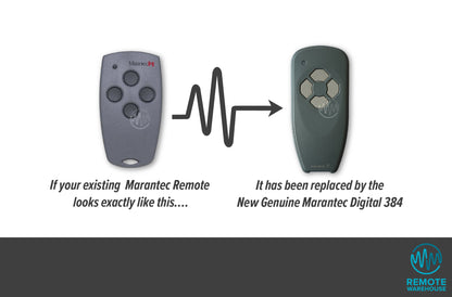 Marantec rounded rectangle remote with 4 circle buttons is updated to long thin dark grey 4 diamond button Marantec garage & gate remote.