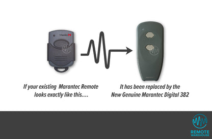 Small dark grey 1 big oval button Marantec  remote is updated to long thin 2 button grey Marantec garage & gate remote control