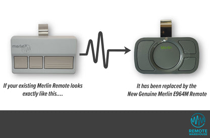 Merlin+ branded 3 button sun visor remote is replaced with Merlin E964M grey 4 button sun visor remote
