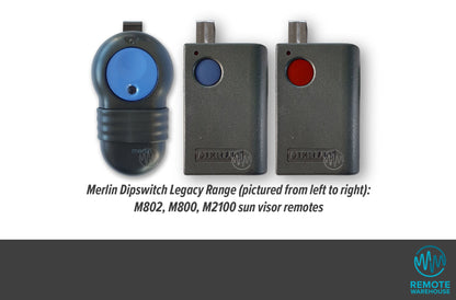 Set of old Merlin branded garage door remotes with round blue buttons or red button & sun visor attachments