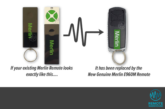 Merlin E950M slider rectangle garage remote is updated to E960M keyring style garage remote