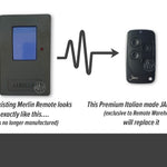 Merlin model 2200 large grey remote with blue rectangle button is replaced with the smaller black Jane remote