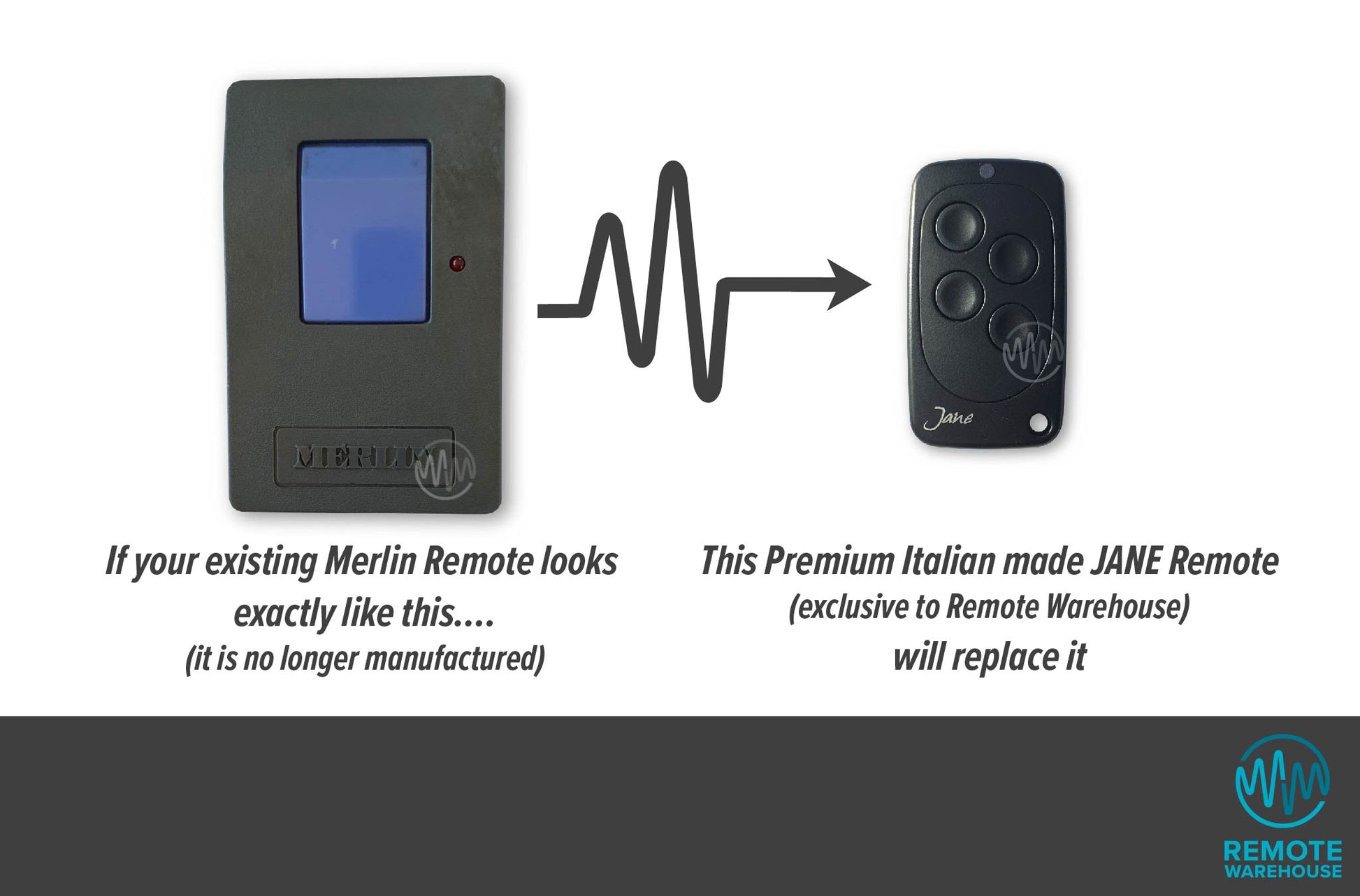 Merlin model 2200 large grey remote with blue rectangle button is replaced with the smaller black Jane remote