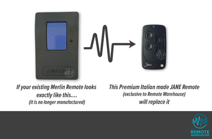 Merlin model 2200 large grey remote with blue rectangle button is replaced with the smaller black Jane remote