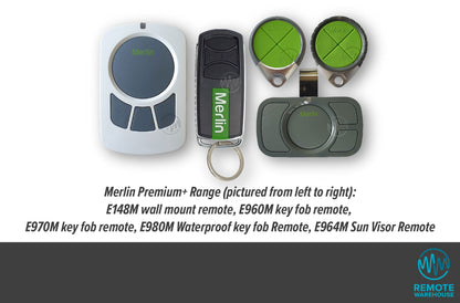 Merlin Premium+ range of branded garage & gate remote controls shown together