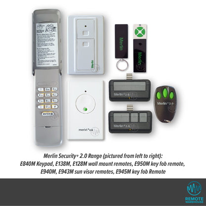 Merlin security+ 2.0 branded range of garage & gate remotes, wall buttons & keypad grouped together