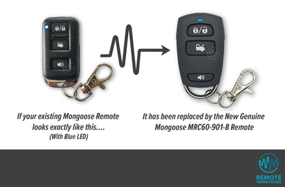 Old black & chrome 3 button rectangle mongoose car alarm remote shown with its updated version remote