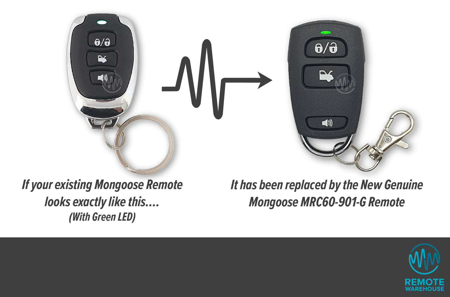 Black & chrome egg shaped green led Mongoose remote is replaced with black & chrome MRC60-901-G green led car alarm remote