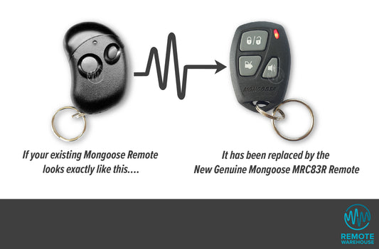 Mongoose bean shape remote is replaced with Mongoose MRC83R 3 button red led car alarm remote
