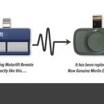 Motorlift blue 3 button sun visor remote is replaced with the Merlin E960M grey 4 button sun visor remote