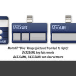 Motorlift blue range of garage door remotes, keyring & 2x sun visor styles