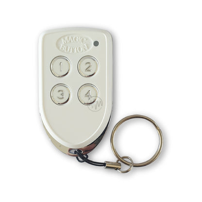 Magic Button branded white & chrome shield shape gate remote with 4 round numbered buttons 