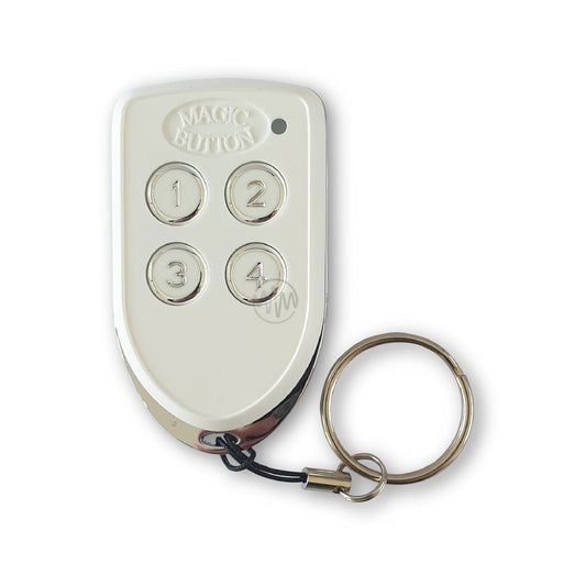 Magic Button branded white & chrome shield shape gate remote with 4 round numbered buttons 