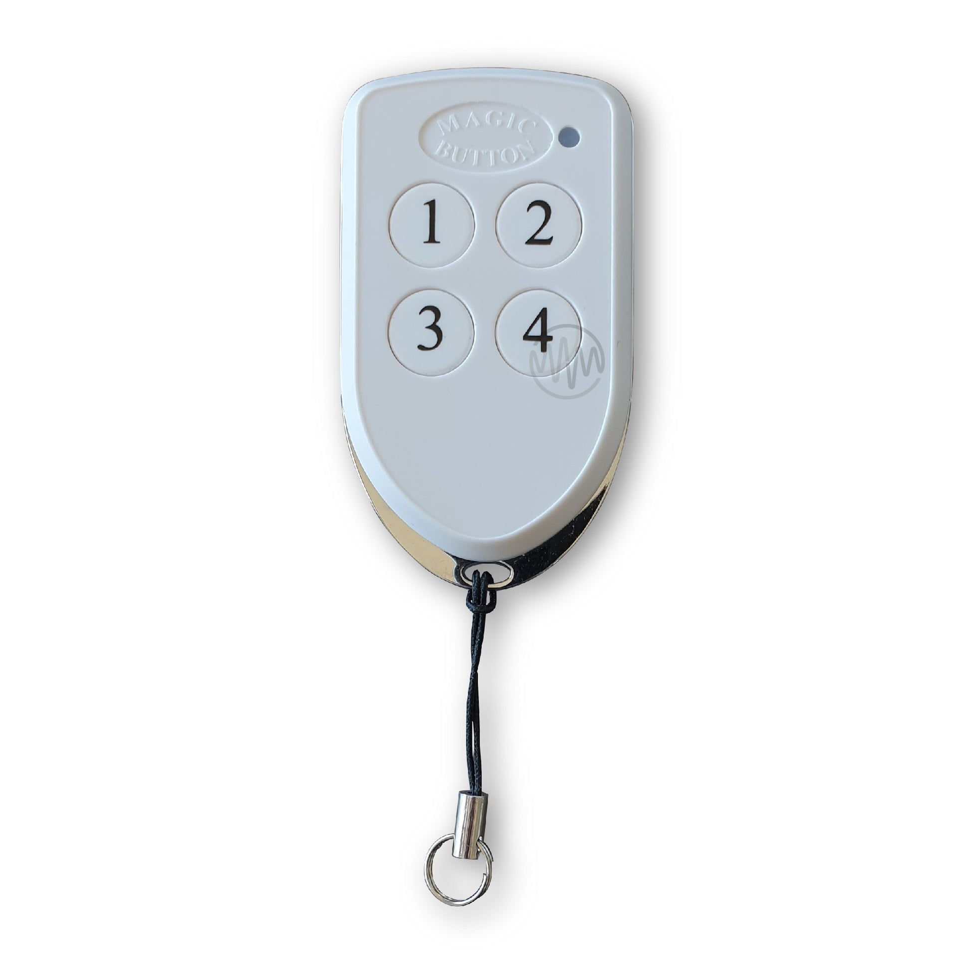 Magic Button branded white & chrome shield shape gate remote with 4 round numbered buttons 