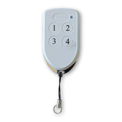 Magic Button branded white & chrome shield shape gate remote with 4 round numbered buttons 