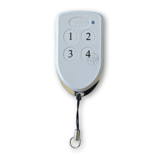 Magic Button branded white & chrome shield shape gate remote with 4 round numbered buttons 