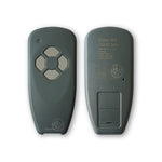 Long thin dark grey Marantec Digital 384 garage & gate remote control with 4 grey buttons arranged in a diamond - Front & Back view
