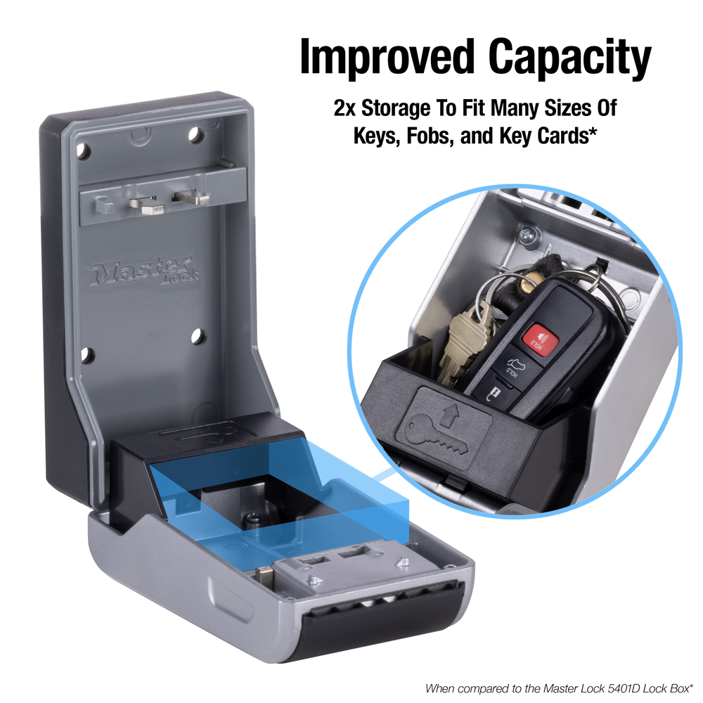 Master Lock lock box open to show storage capability of keys & fobs
