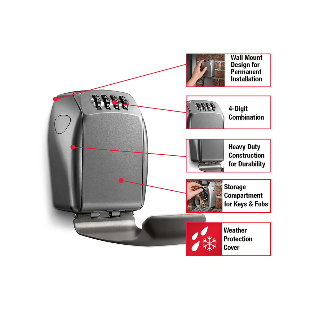 Master Lock MA5415 wall mount metal lock box with weather cover open showing combination dials