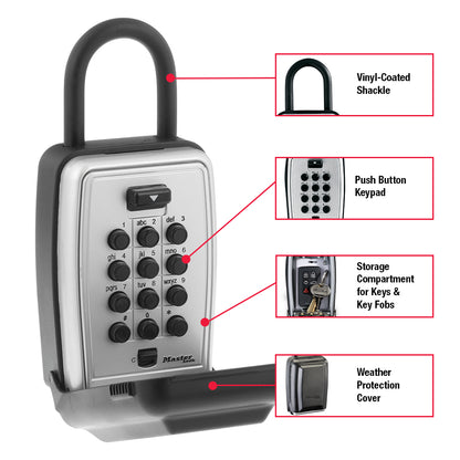 Master Lock 5422 lock box with shackle shown with weather cover open & red arrows pointing to various features of the lock box