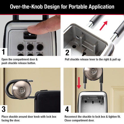 Master Lock 5422 lock box with shackle shown in a series of step by step photos how to open & remove the shackle part of the lock box.