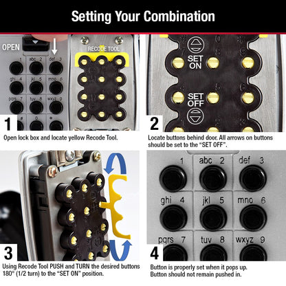 Master Lock 5422 push button lock box showing step by step photos of how to set your combination