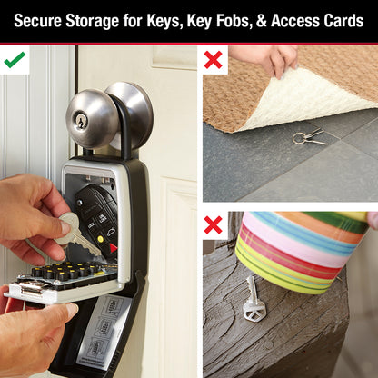 Master Lock 5422 lock box with shackle shown attached round a front door handle, open with key being put inside