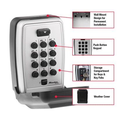 Master Lock 5423 silver lock box with push buttons showing features being pointed to by red arrows