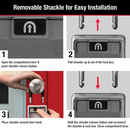Master Lock 5424 lock box with shackle showing in a series of step by step photos how to detach the shackle part