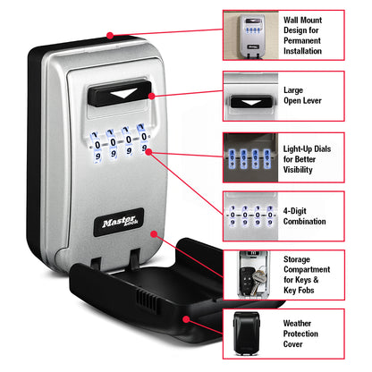 Master Lock 5425 lock box features pointed to by red arrows