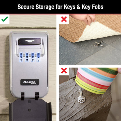 Master Lock 5425 wall mount lock box attached to weatherboards on a house with cover open showing combination dials