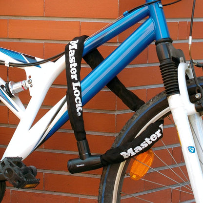 Master Lock Integrated Covered Chain & Padlock wrapped around a bicycle frame