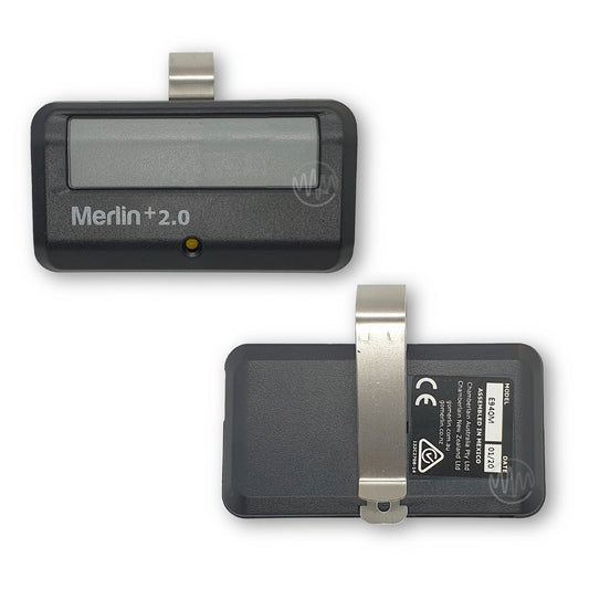 Merlin E940M black sun visor style garage remote control with 1 long grey button