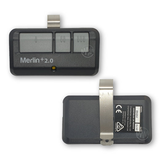 Front & back of Merlin +2.0 branded black sun visor style garage door remote with 3 grey buttons