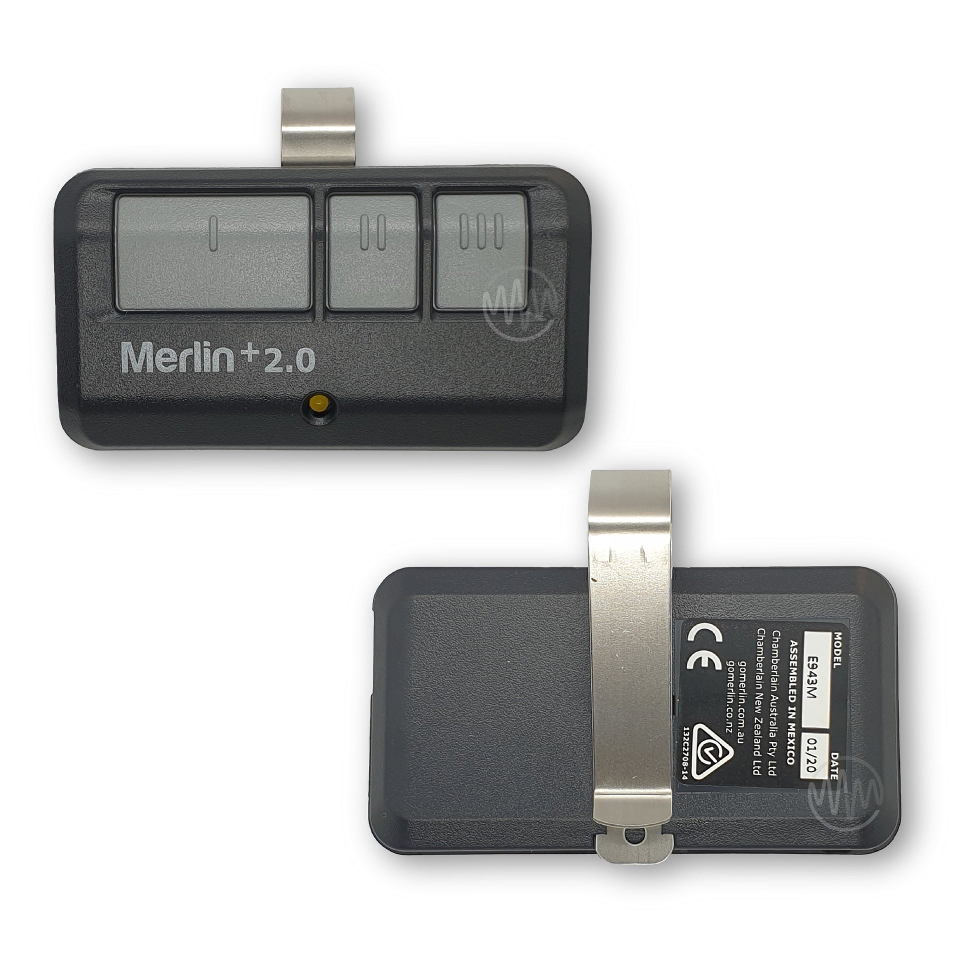 Front & back of Merlin +2.0 branded black sun visor style garage door remote with 3 grey buttons