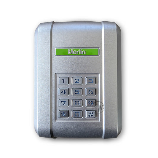 Metallic silver Merlin branded garage & gate keypad with raised square pin pad numbers 