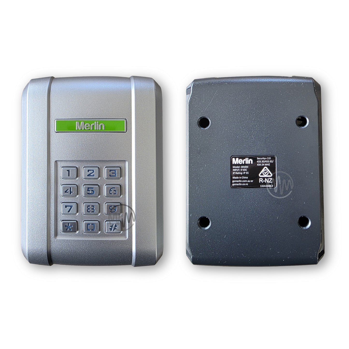 Front & back views of Merlin E850M branded metallic silver front keypad 