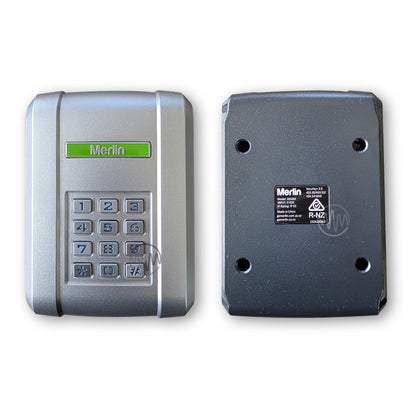 Front & back views of Merlin E850M branded metallic silver front keypad 
