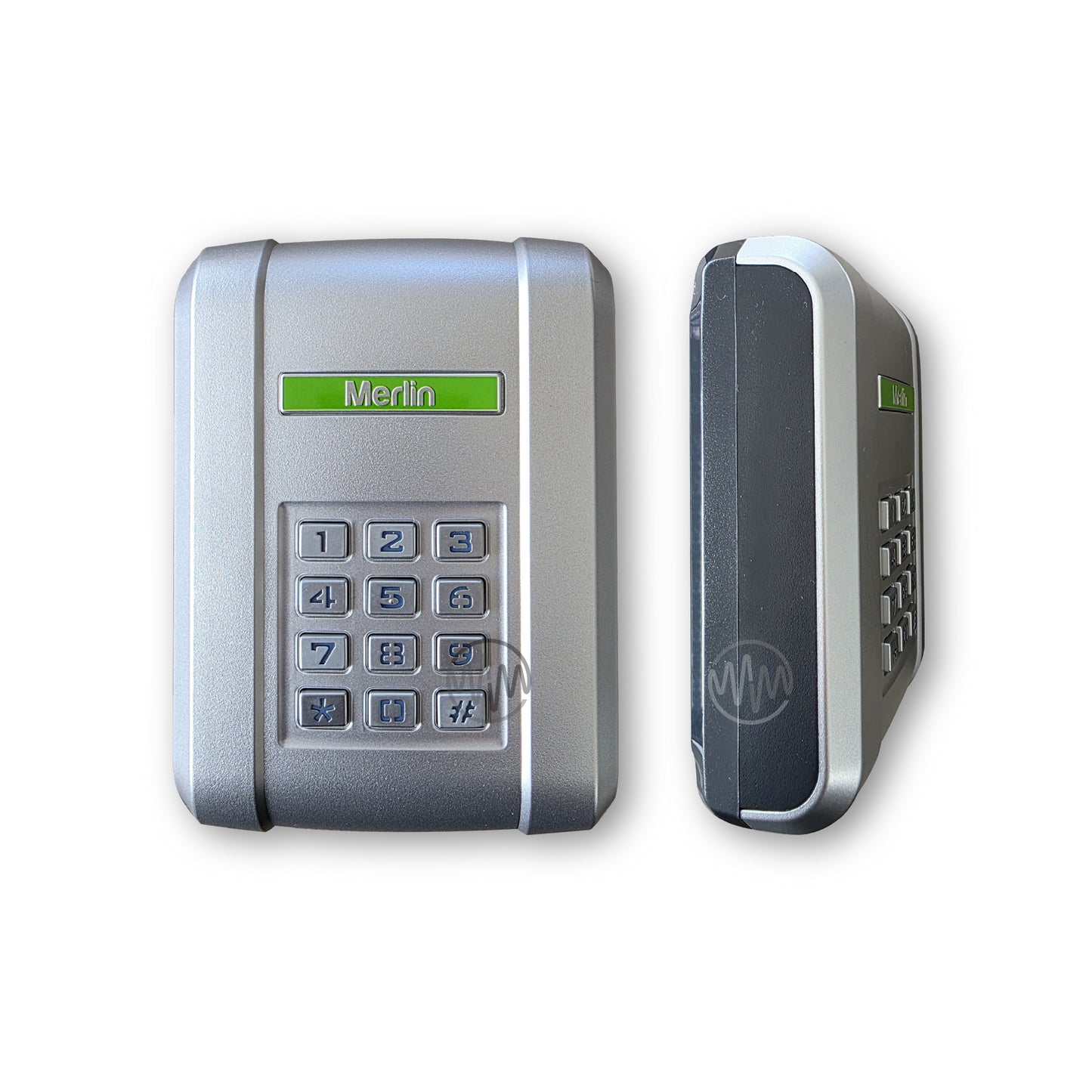 Front & side views of Merlin E850M branded metallic silver front keypad 
