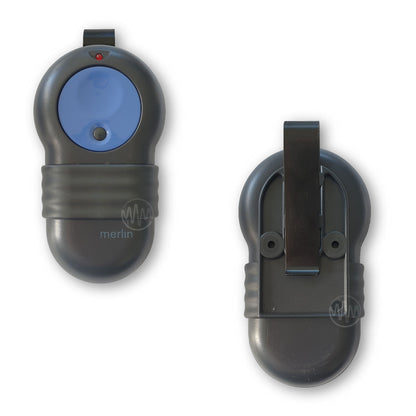 Merlin M802 large grey sun visor style garage remote with large round blue button front & back view