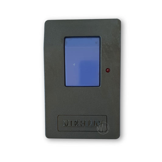Merlin model 2200 large grey garage door remote with big blue rectangle button