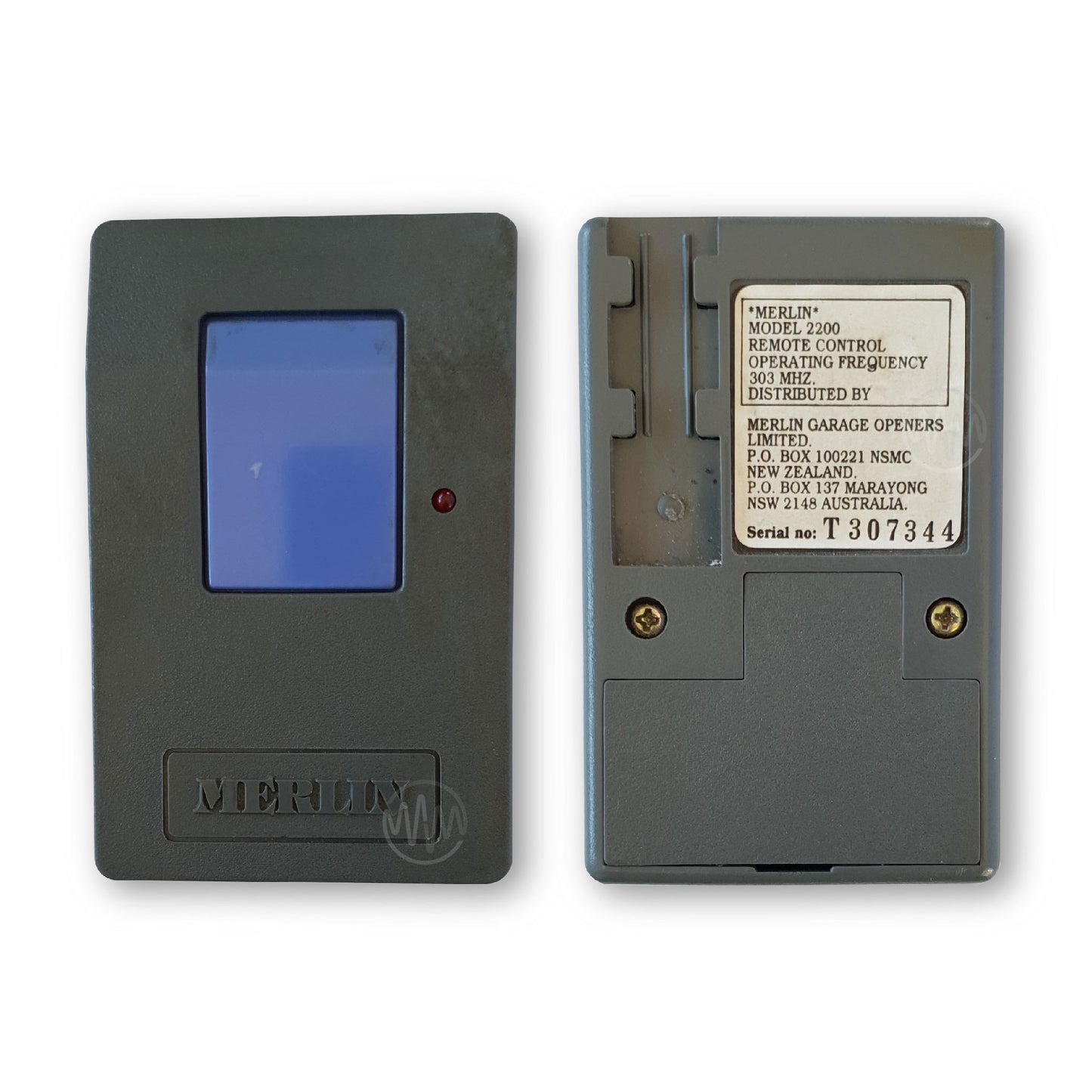 Merlin model 2200 large grey garage door remote with big blue rectangle button front & back view