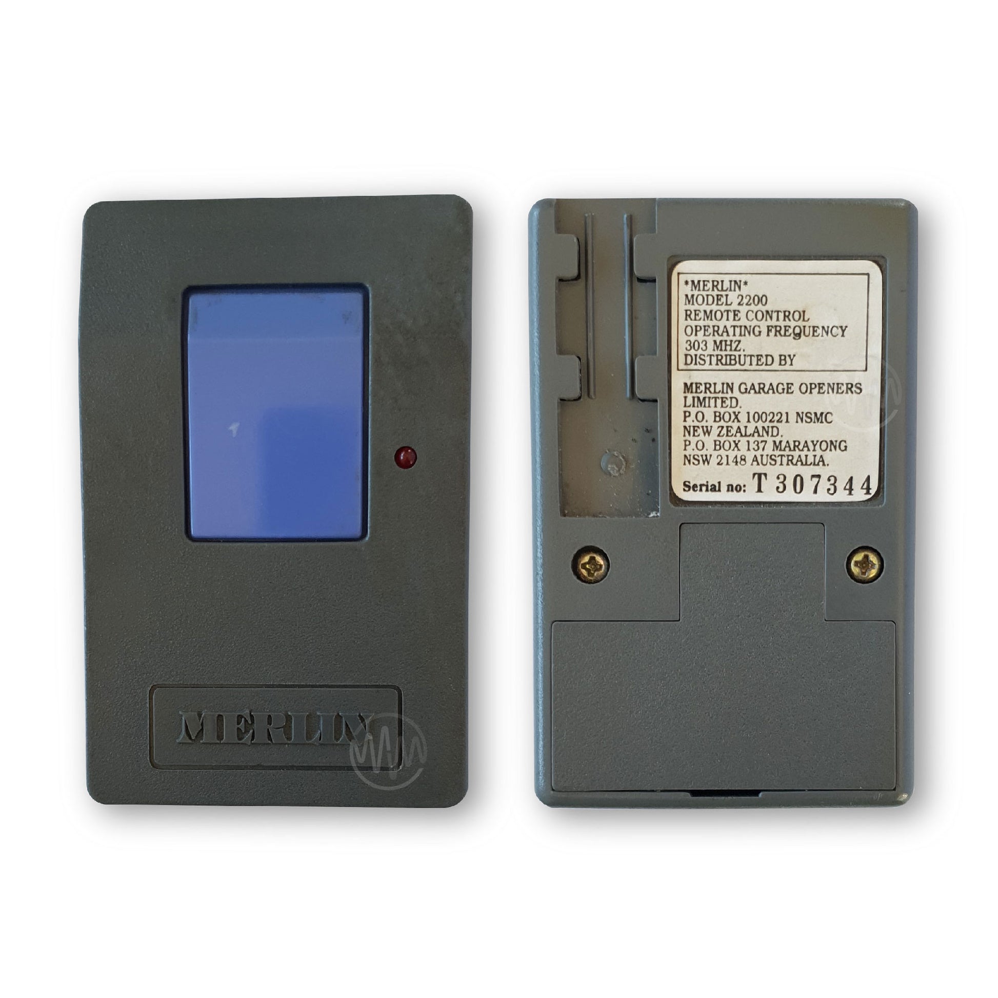 Merlin model 2200 large grey garage door remote with big blue rectangle button front & back view