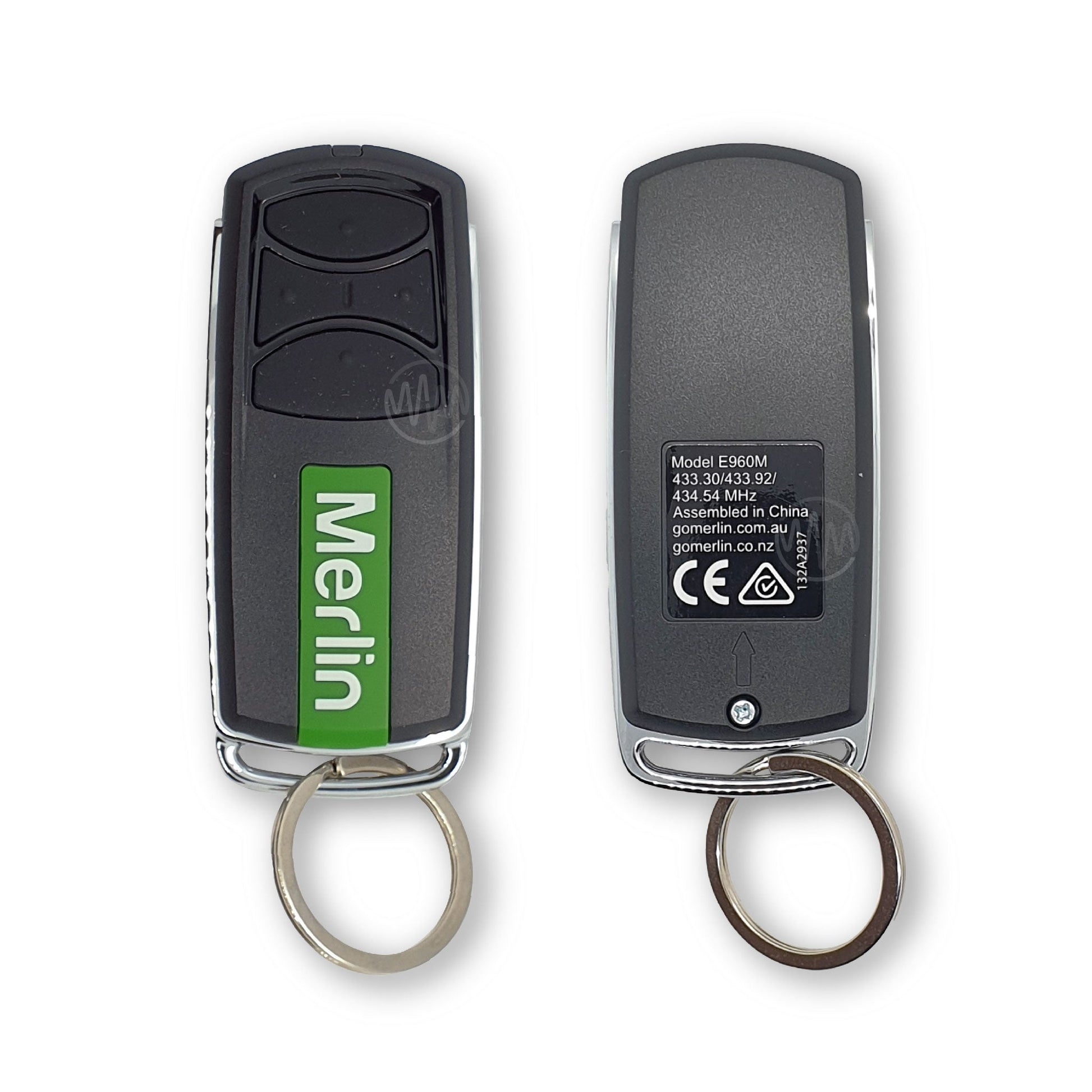 Front & back of Merlin E960M black & chrome key ring remote with 3 segmented black rubber buttons